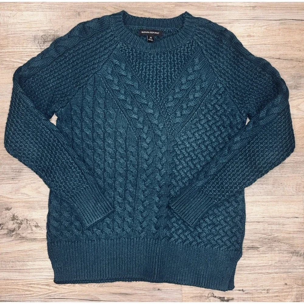 Banana Republic Cable Knit‎ Sweater Tunic Glen Green Merino Cotton Woman XS Cozy